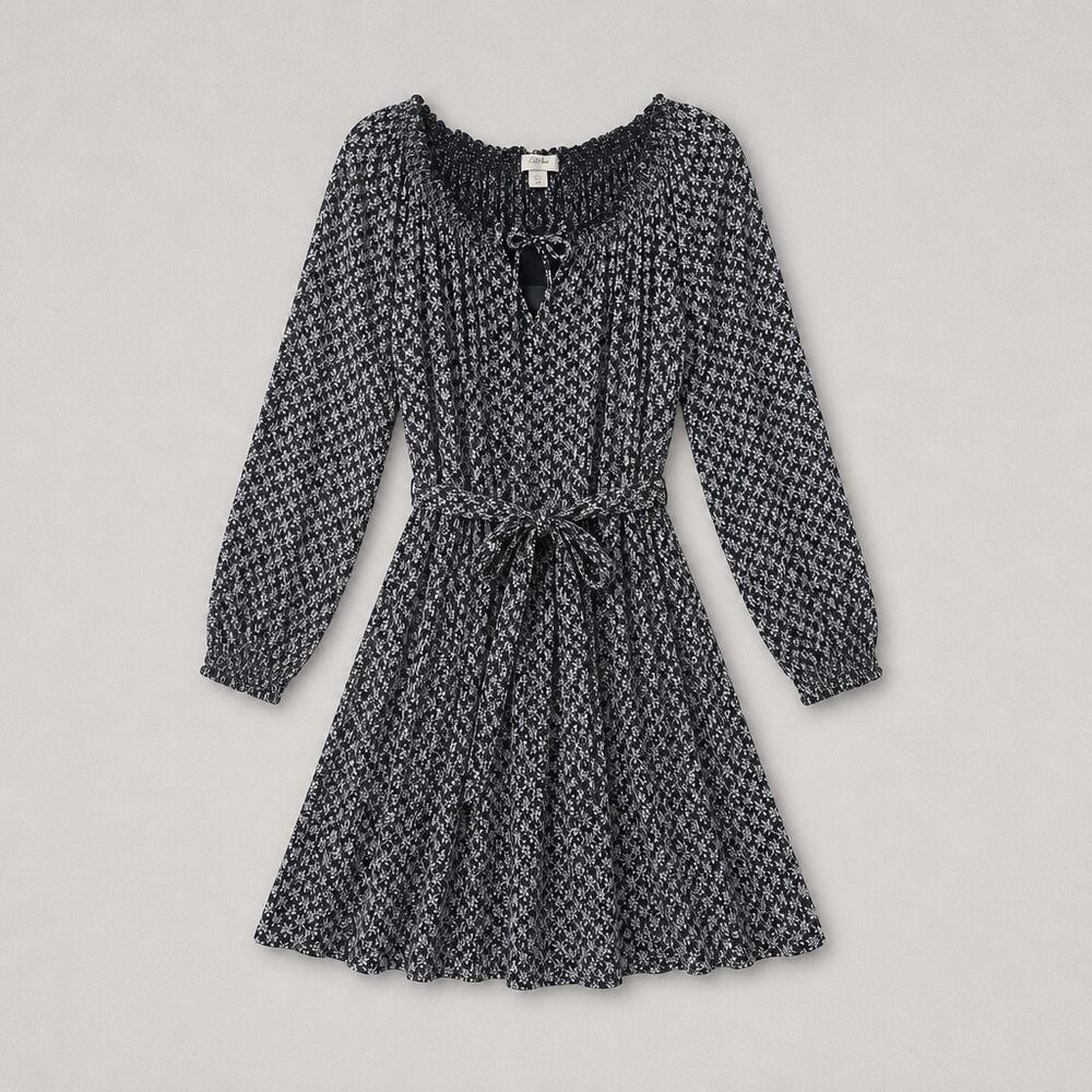 Caslon Navy Ditsy Floral Knee Length Long Sleeve Belted Dress Sz XS Prairie